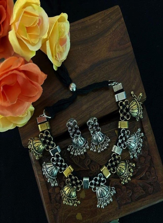 Siddhatva Fashion Indian Ethnic Statement Afghani Silver Oxidized Dual Handmade Tassel Choker Necklace Jewelry (Silver Gold Dual Tone) - Image 5